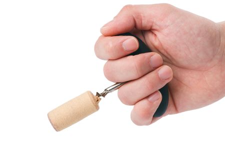 the cork and corkscrew on a white backgroundの写真素材