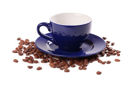 coffee beans and coffee cup on white backgroundの写真素材