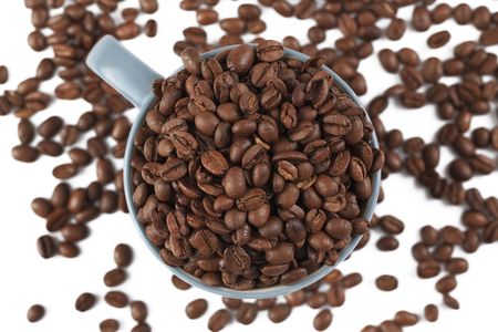 coffee beans and coffee cup on white backgroundの写真素材