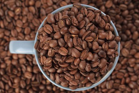 coffee beans and coffee cup on white backgroundの写真素材