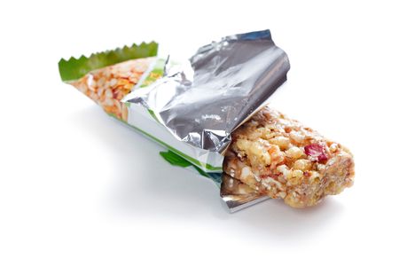photo shot of muesli bar on white background