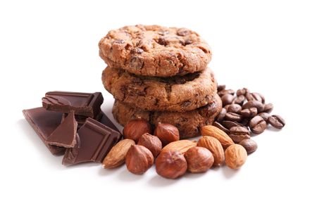chocolate cookies with chocolate on white backgroundの写真素材