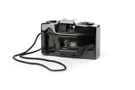 retro analogue compact camera on white backgroundの写真素材