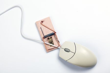 computer mouse and mousetrap on white backgroundの写真素材