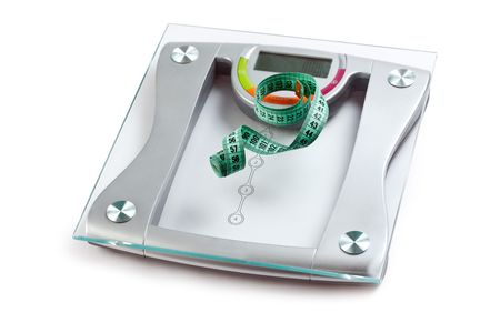 scale and measuring tape on white backgroundの写真素材