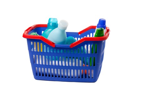 cleaning products in shopping basketの写真素材