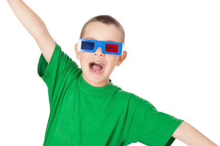 studio shot of young boy with 3D glassesの写真素材