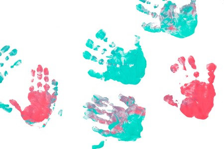 imprint child hands on white paperの写真素材