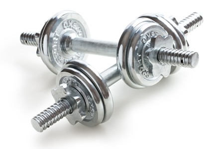 chrome dumbells on white backgroundの写真素材