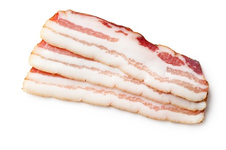smoked bacon isolated on white backgroundの写真素材