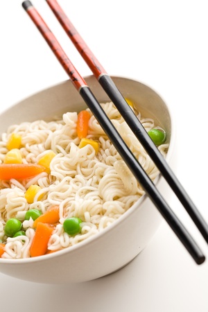 asian noodle soup on white backgroundの写真素材