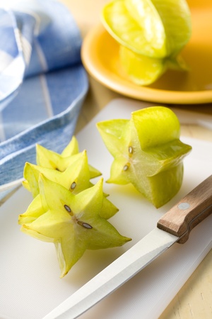 carambola fruit on kitchen tableの写真素材