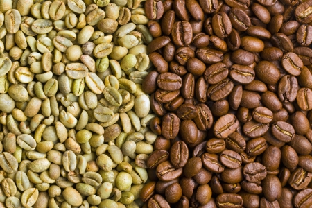 green and  roasted  coffee beans backgroundの写真素材