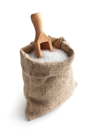 sea salt in jute sack on white backgroundの写真素材