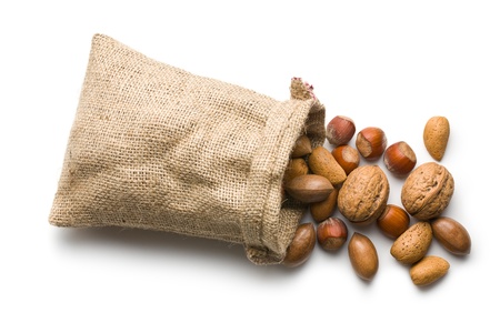 the various nuts in jute bag