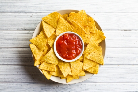 the corn nachos with tomato dipの写真素材