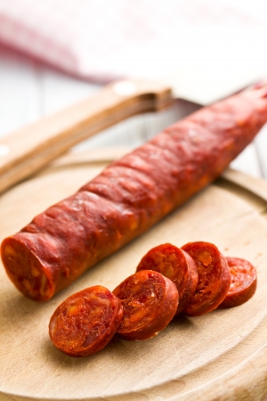 the sliced tasty chorizo sausageの写真素材