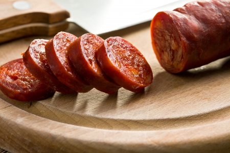 the sliced tasty chorizo sausageの写真素材