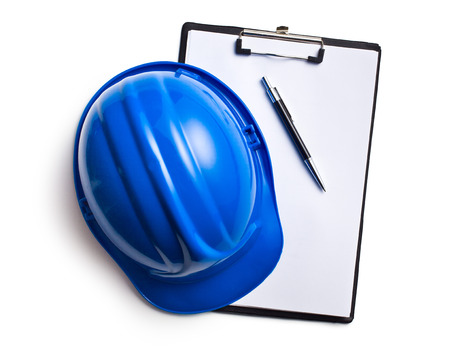 hard hat with clipboard on white backgroundの写真素材