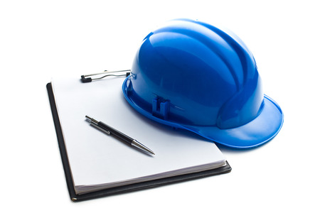 hard hat with clipboard on white backgroundの写真素材
