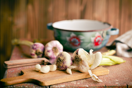 still life with fresh garlicの写真素材