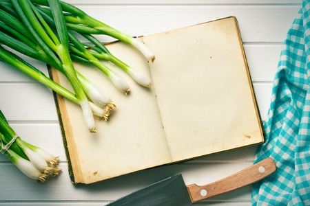 the old recipe book with spring onionの写真素材
