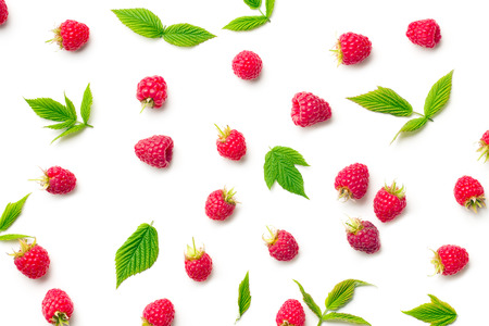 raspberries and leaves on white backgroundの写真素材