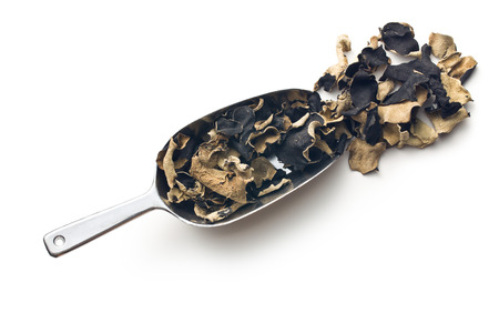 Dried chinese black fungus. Jelly ear on white background.の写真素材