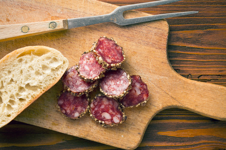 top view of sliced ââsausageの写真素材