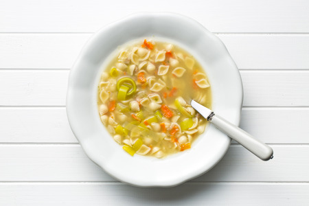 top view of vegetable soup with pastaの写真素材