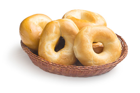 bagels in basket on white backgroundの写真素材