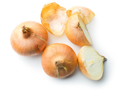 halved fresh onion on white backgroundの写真素材