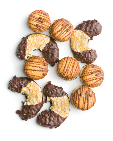 Sweet dessert. Biscuits with chocolate icing isolated on white background.の写真素材