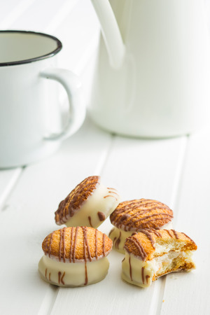 Sweet dessert. Biscuits with chocolate icing.の写真素材
