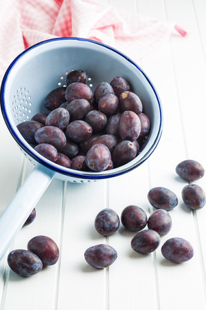Fresh plums from garden in colander on kitchen table.の写真素材