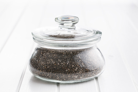 Chia seeds in glass jar. Healthy superfood.の写真素材