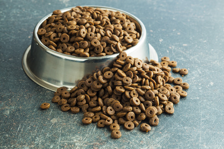 Dog food in metal bowl on old floor.の写真素材