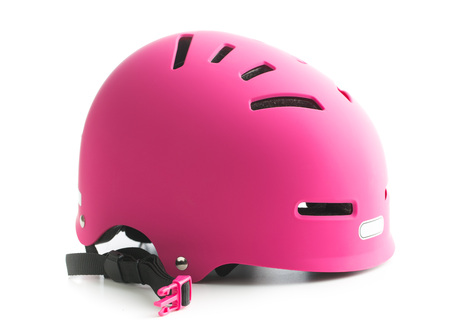 Pink bike helmet isolated on white background.の写真素材