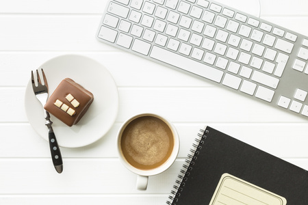 Break for coffee and sweet dessert at the office. Top view.の写真素材