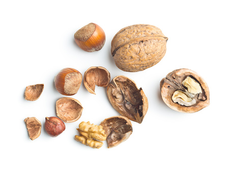 Cracked dried walnuts and hazelnuts isolated on white background. Tasty nuts.