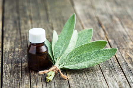 Bottle of essential sage oil on old wooden table. Medicinal  herb Salvia officinalis.の写真素材