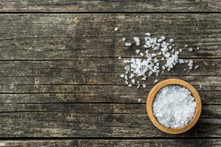 Sea salt in bowl. Top view.の写真素材