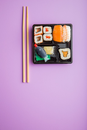 Eating set of sushi in box. Different types of sushi. Top view.の写真素材