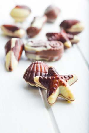 Sweet chocolate seashells on white table.の写真素材