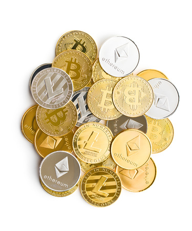 Various digital cryptocurrency. Litecoins, ethereum and bitcoins.の写真素材