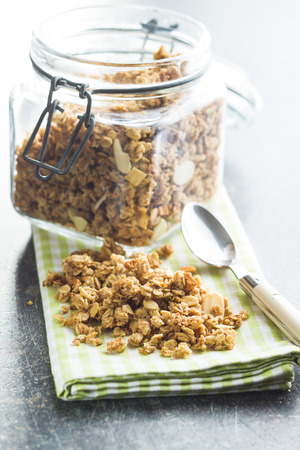 The granola breakfast cereals on checkered napkin.の写真素材