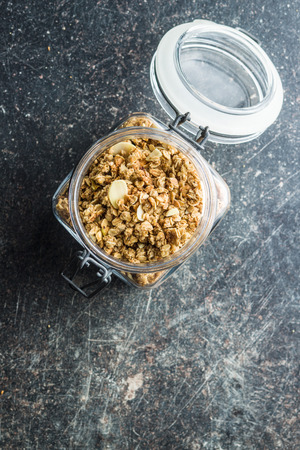 The granola breakfast cereals in jar.の写真素材