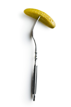 Preserved cucumbers isolated on white background. Tasty pickles.の写真素材