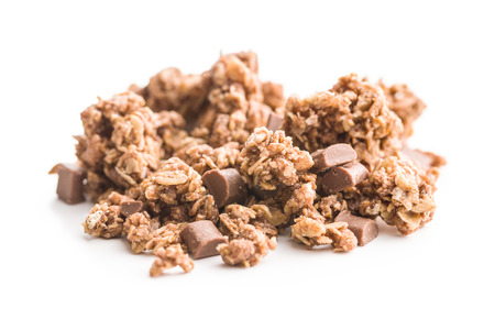 The chocolate granola breakfast cereals isolated on white background.の写真素材
