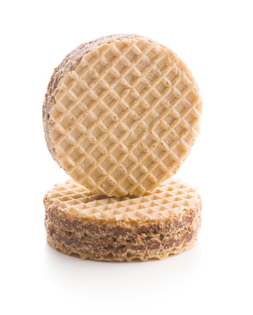 Sweet chocolate wafer biscuits isolated on white background.の写真素材